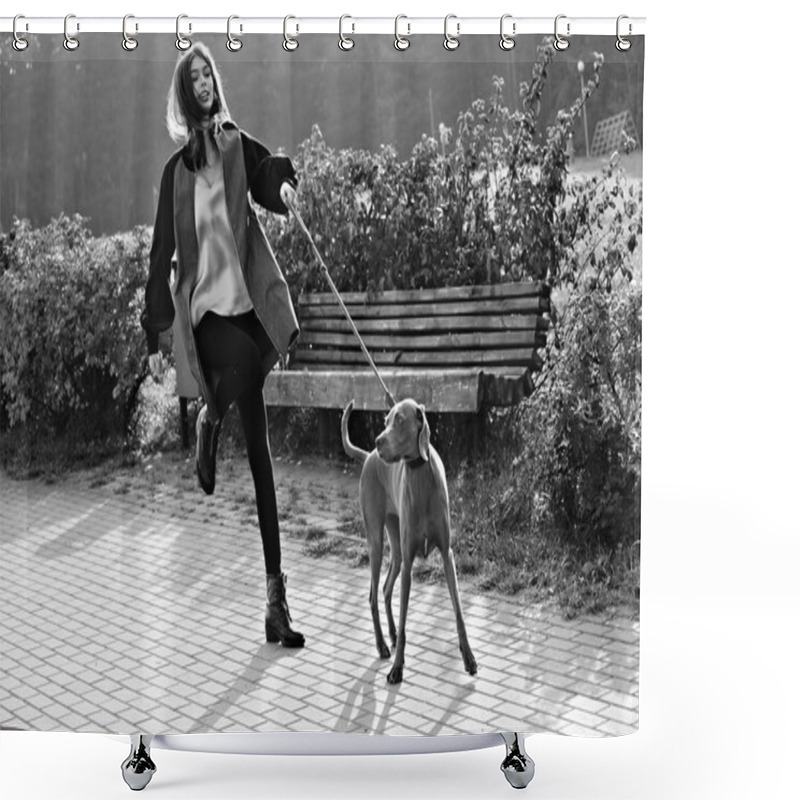 Personality  Fashion Girl Model Walk With Her Dog Outdoor Park Nature Background Shower Curtains