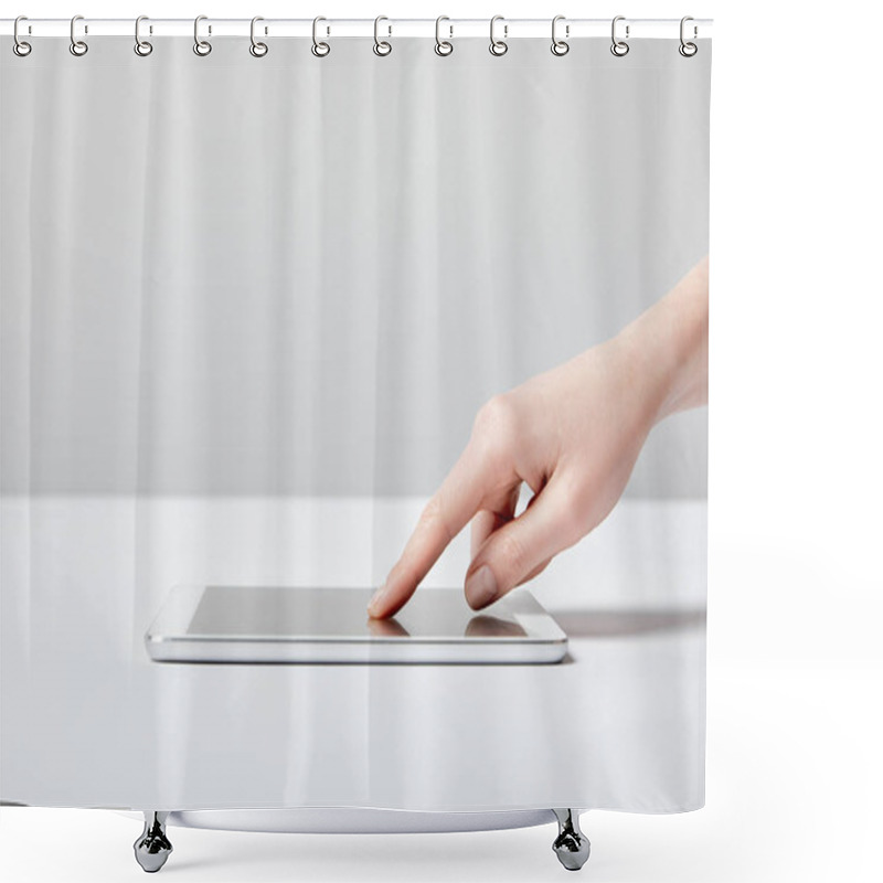 Personality  Cropped View Of Woman Using Digital Tablet On White  Shower Curtains