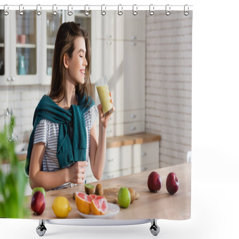 Personality  Joyful Woman Holding Glass Of Smoothie Near Fresh Fruits In Kitchen, Blurred Foreground Shower Curtains