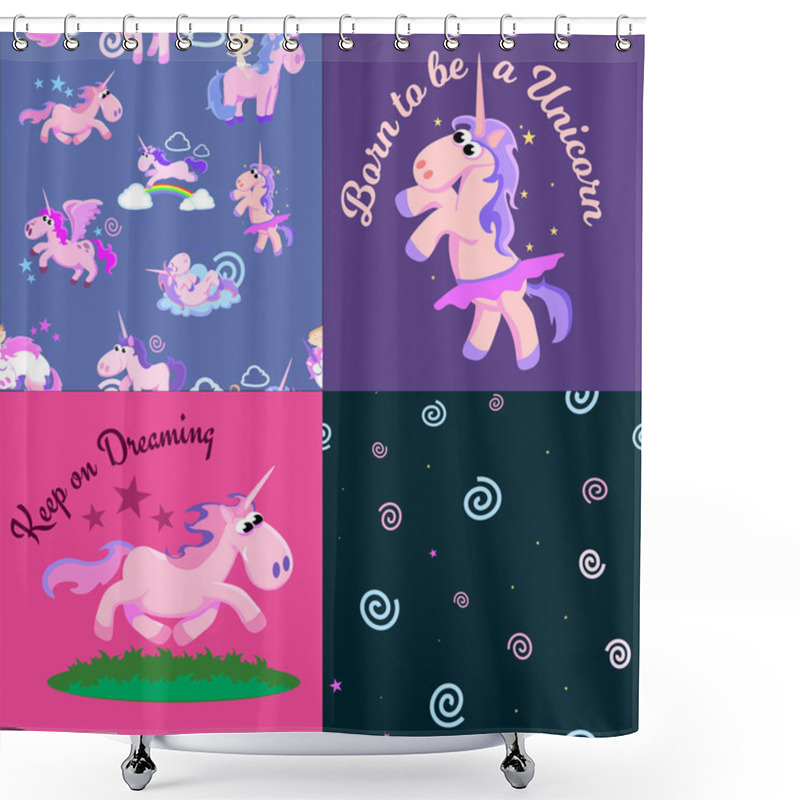 Personality  Cute Unicorn Seamless Pattern, Magic Pegasus Flying With Wing And Horn On Rainbow, Fantasy Horse Vector Illustration, Myth Creature Dreaming Background. Shower Curtains