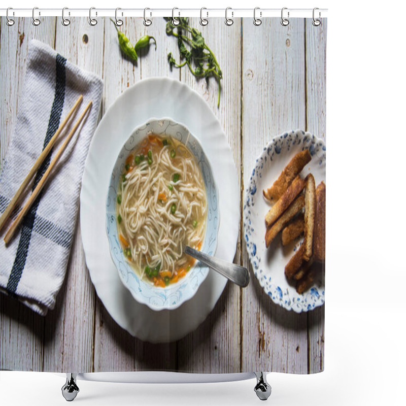 Personality  Thukpa Noodle Soup, An Asian Delicacy Along With Bread Crumbs On A Background Shower Curtains