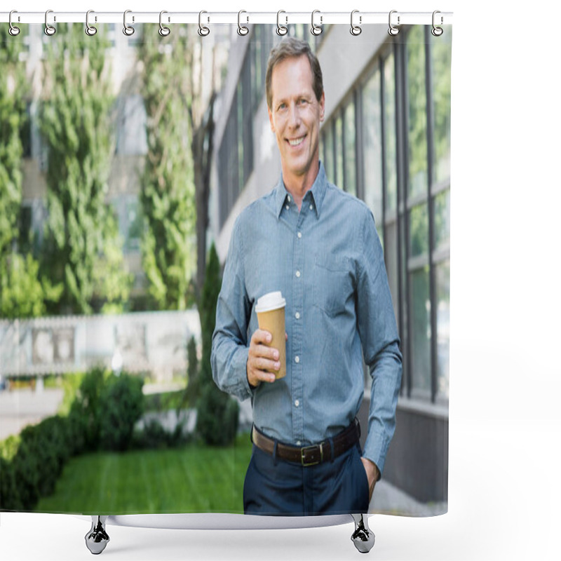 Personality  Smiling Middle Aged Businessman Standing With Disposable Cup Of Coffee Near Office Building  Shower Curtains