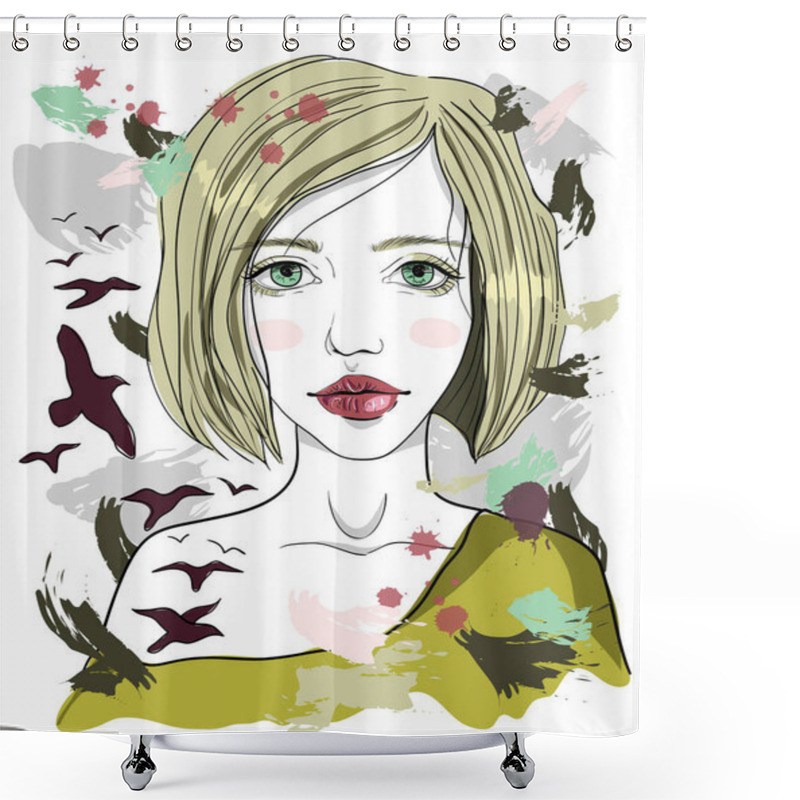 Personality  Portrait Of A Girl With A Birds Tattoo. The Girl-bird With Blond Hair On Abstract Background. Fashion Illustration Shower Curtains