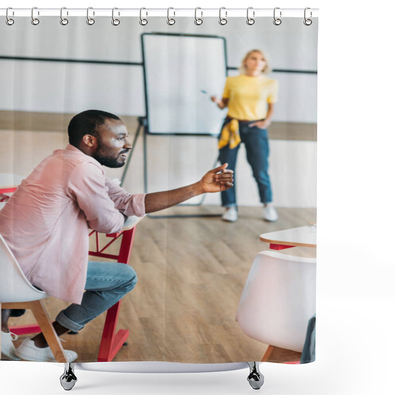 Personality  Smiling African American Student Talking To Classmate During Lesson With Blurred Teacher On Background Shower Curtains