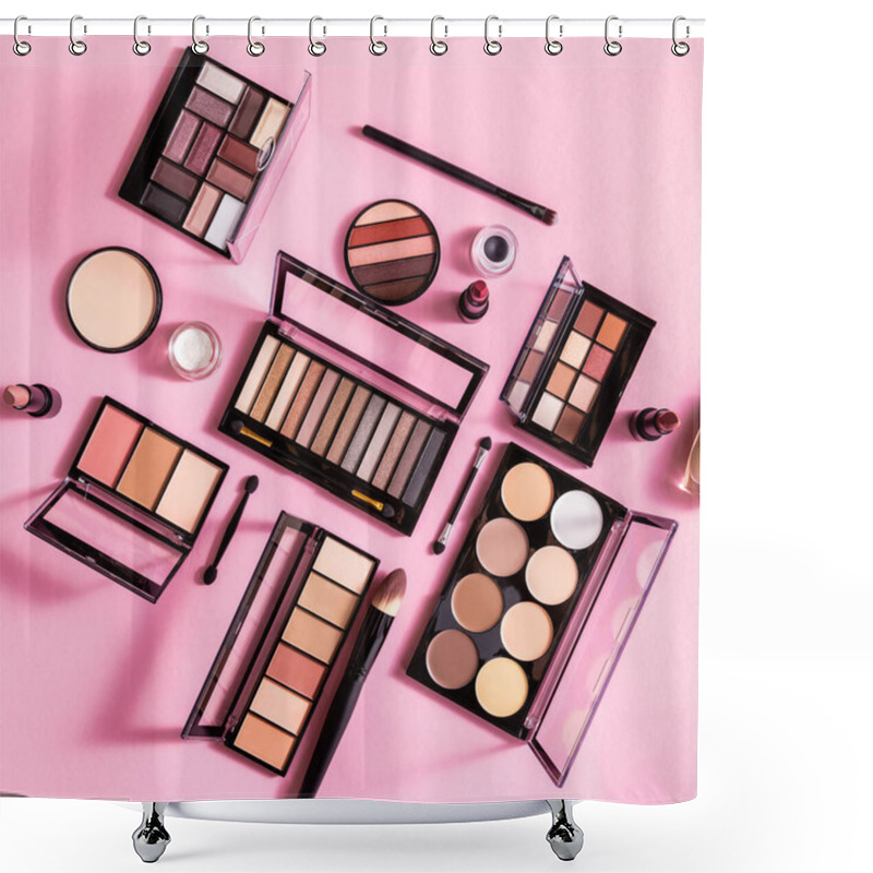 Personality  Top View Of Blush And Eye Shadow Palettes Near Cosmetic Brushes And Lipsticks On Pink Shower Curtains