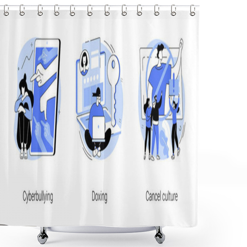 Personality  Internet Harassment Abstract Concept Vector Illustration Set. Cyberbullying And Doxing, Cancel Culture, Private Content, Celebrity Shaming, Hacker Attack, Social Media Boycott Abstract Metaphor. Shower Curtains