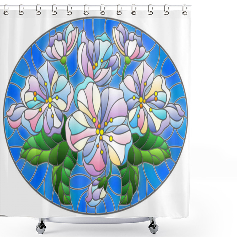 Personality  Illustration In Stained Glass Style With A Branch Of Cherry Blossoms, Flowers, Buds And Leaves On A Blue Background, Oval Image  Shower Curtains