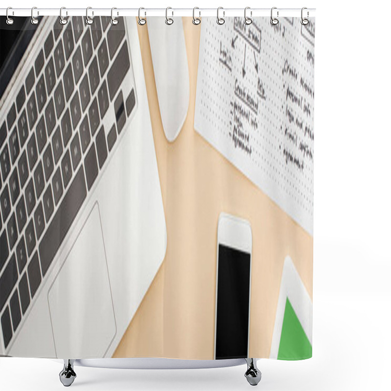 Personality  Top View Of Gadgets Near Website Design Template On Beige Background, Panoramic Shot Shower Curtains