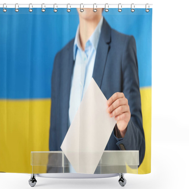 Personality  Woman Putting Vote Into Ballot Box Against Ukrainian Flag, Closeup. Space For Text Shower Curtains