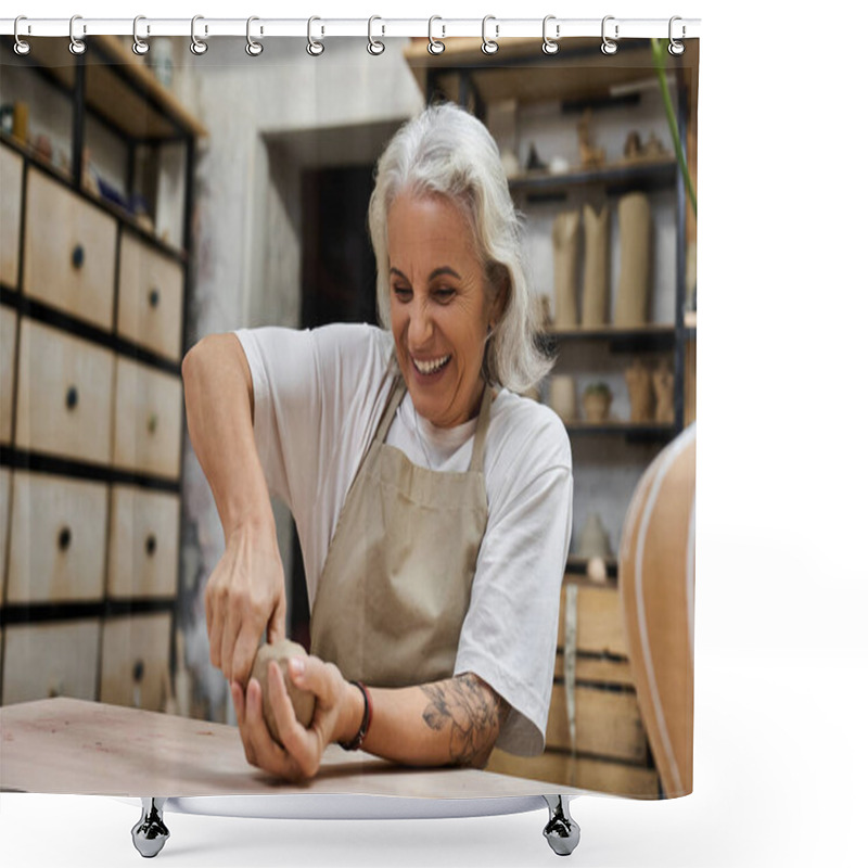 Personality  A Cheerful Mature Woman Is Molding Clay With Focus And Passion In Her Artistic Space Shower Curtains