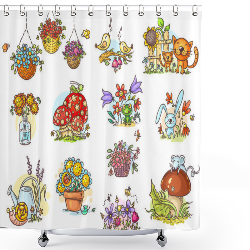 Personality  Small And Simple Cartoon Illustrations With Animals And Flowers Shower Curtains