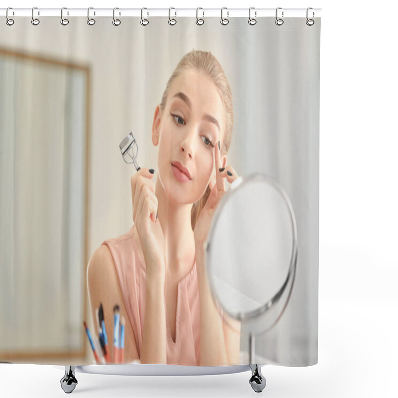 Personality  Woman Using Eyelash Curler  Shower Curtains