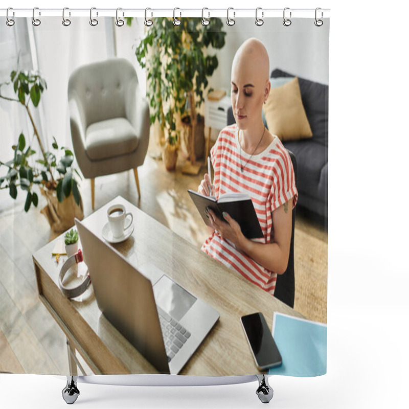 Personality  A Young Bald Woman Focuses On Writing In Her Notebook While Seated At A Well Lit Desk. Shower Curtains