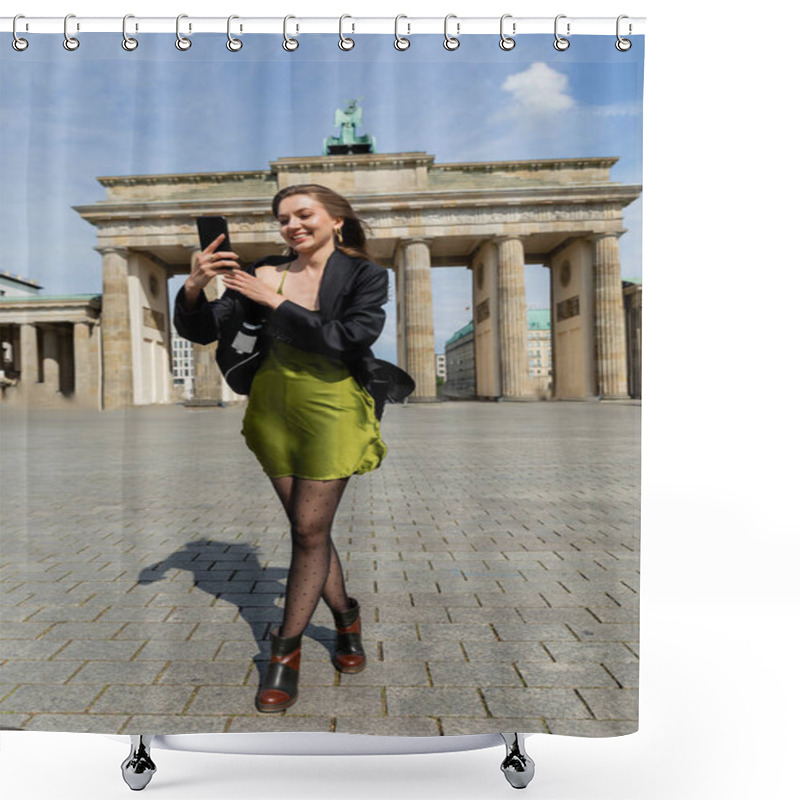 Personality  Happy Fashionable Woman In Jacket And Silk Dress Taking Selfie Near Brandenburg Gate In Berlin Shower Curtains