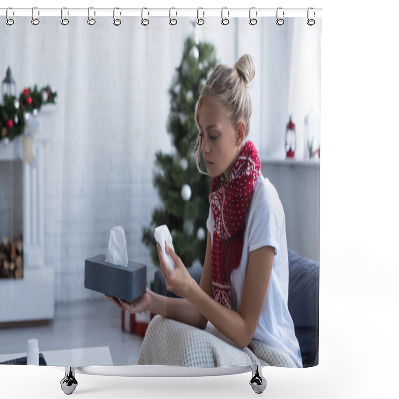 Personality  Sick Woman In Warm Scarf Holding Paper Napkins Near Christmas Tree On Blurred Background Shower Curtains