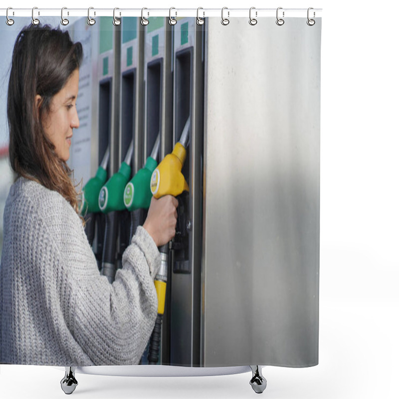 Personality  Beautiful Brunette  Woman At Gas Station Shower Curtains