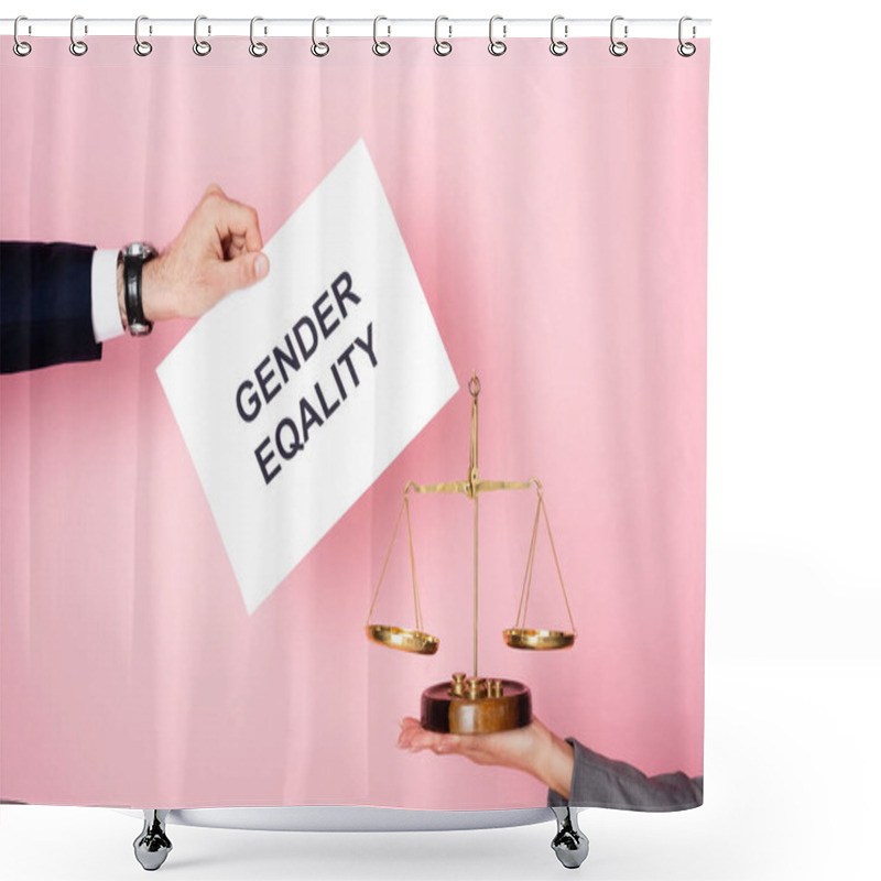 Personality  Cropped View Of Businessman Holding Placard With Gender Equality Lettering Near Businesswoman With Golden Scales On Pink, Gender Equality Concept  Shower Curtains