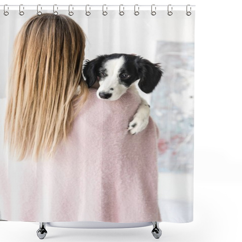 Personality  Rear View Of Woman Holding Cute Black And White Puppy  Shower Curtains