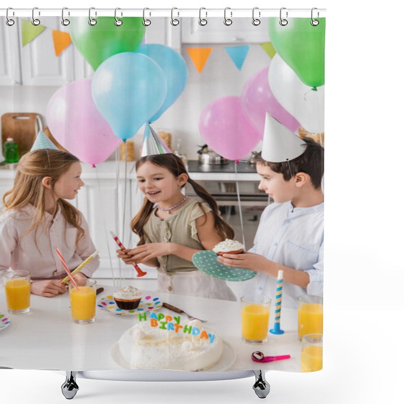 Personality  Preteen Boy In Party Cap Holding Cupcake Near Cheerful Girls Next To Balloons During Birthday Party  Shower Curtains