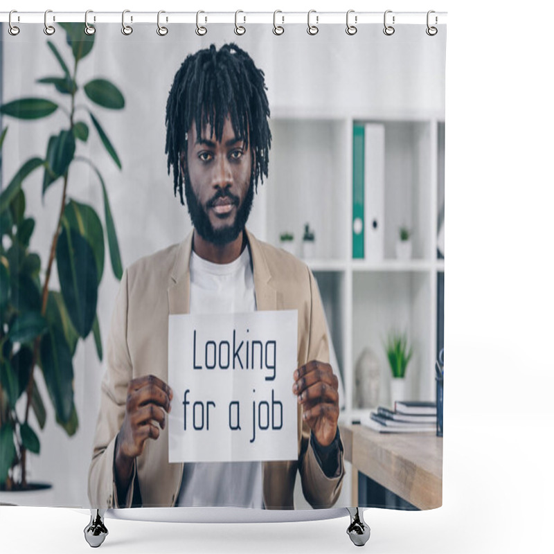 Personality  African American Employee Showing Placard With Looking For A Job Lettering In Office Shower Curtains