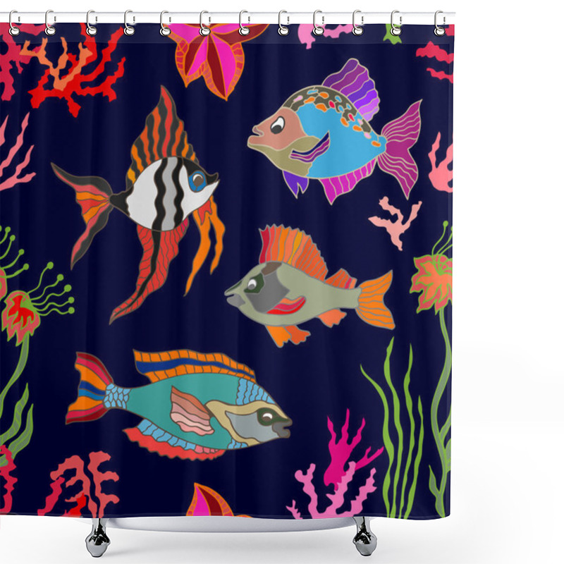 Personality  Sea Life Art. Seamless Vector Pattern Fishes And Corals. Shower Curtains