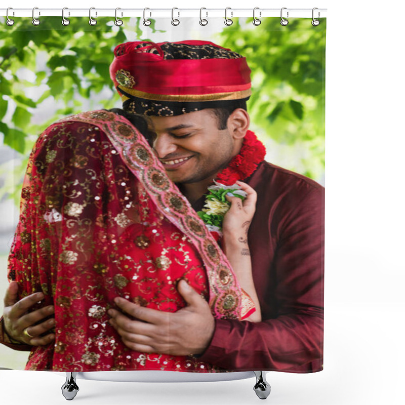 Personality  Indian Bride In Headscarf Wearing Floral Garland On Happy Bridegroom  Shower Curtains