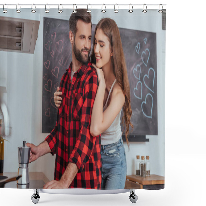 Personality  Attractive Happy Girl Hugging Smiling Boyfriend Making Coffee In Geyser Coffee Maker Shower Curtains