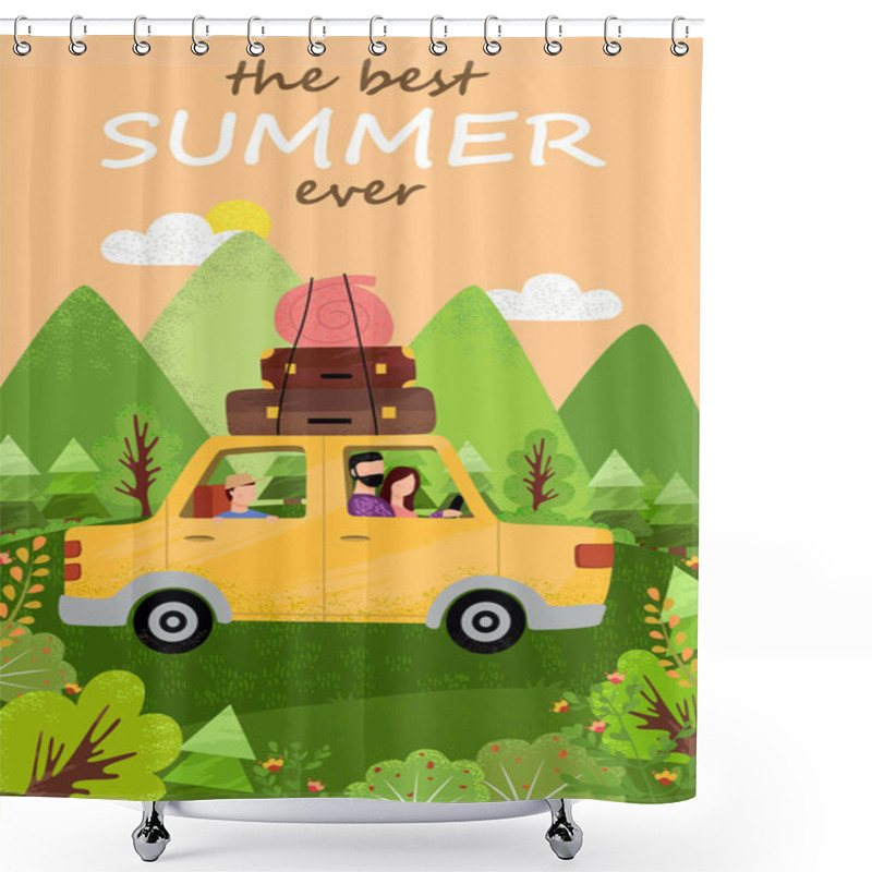 Personality  Travelers In Car, Mountain View, Summer Vector Shower Curtains