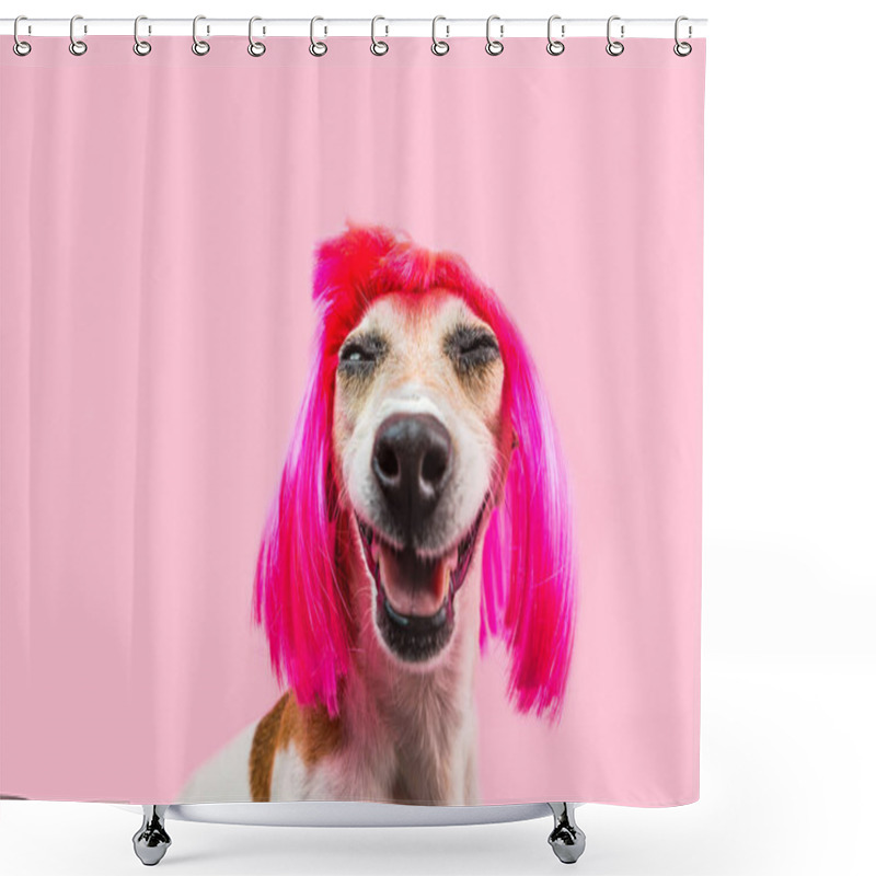 Personality  Happy Adorable Smiling Dog In Pink Wig Shower Curtains