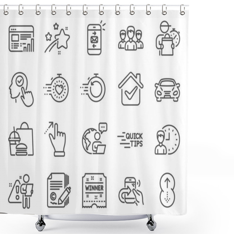 Personality  Business Icons Set. Included Icon As Working Hours, Education, Copywriting Signs. Select User, Timer, Swipe Up Symbols. Group, Car, Touchscreen Gesture. Fast Recovery, Share Call, Mail. Vector Shower Curtains