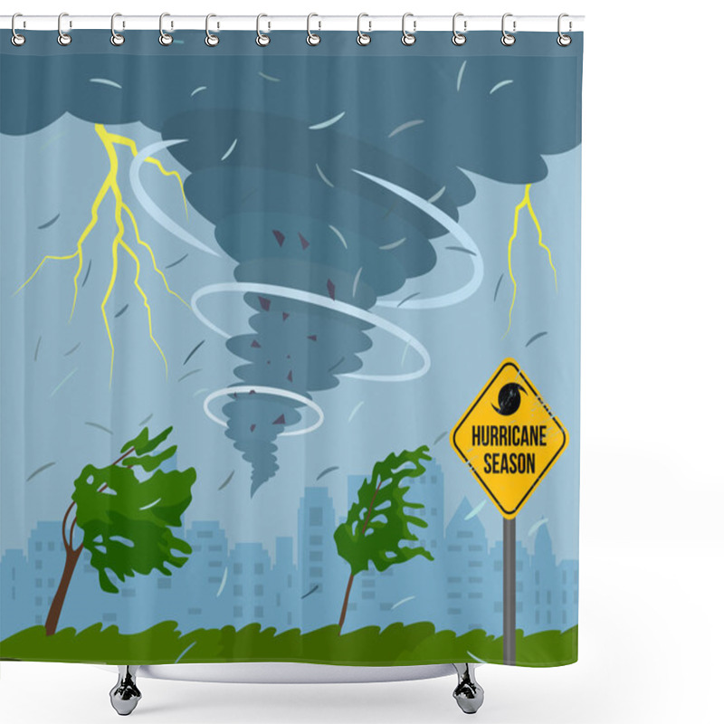 Personality  A Devastating Tornado In The City Is Breaking Trees. Bad Weather Landscape And Road Sign Of Disaster And Warning. Shower Curtains