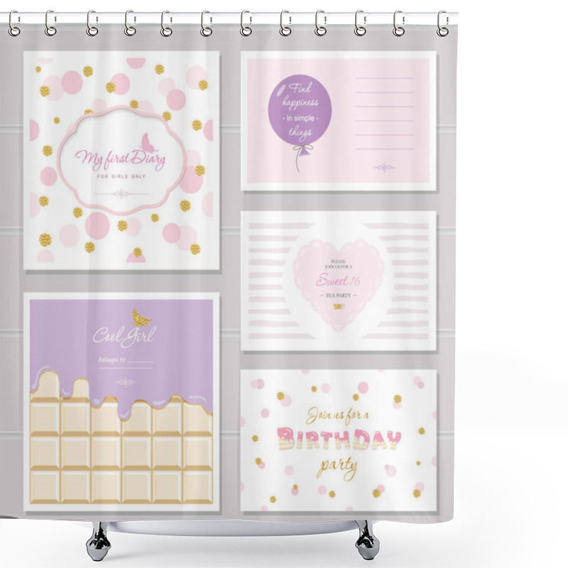 Personality  Cute Cards Design With Glitter For Teenage Girls. Inspirational Quotes, Birthday, Sweet 16 Party Invitation. Included Polka Dot, Chocolate And Striped Seamless Patterns. Shower Curtains