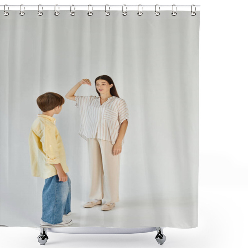 Personality  A Caring Mother Engages With Her Hearing Impaired Son, Emphasizing Connection And Support. Shower Curtains