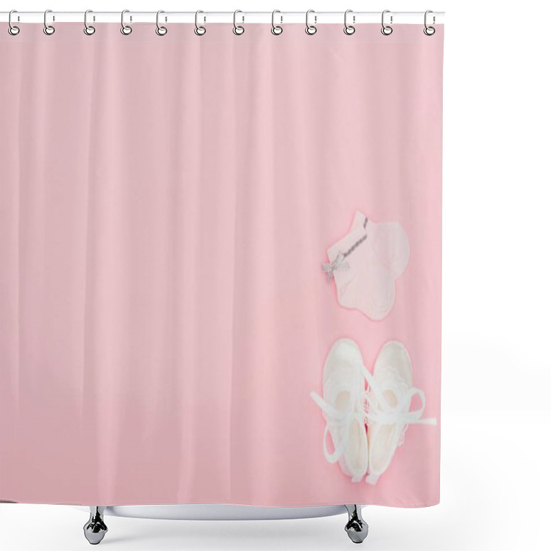 Personality  Top View Of Baby Socks And Shoes Isolated On Pink Shower Curtains