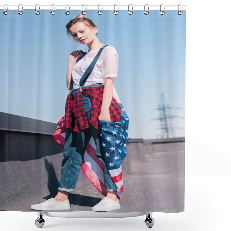 Personality  Young Woman Holding American Flag At Rooftop, Independence Day Concept Shower Curtains