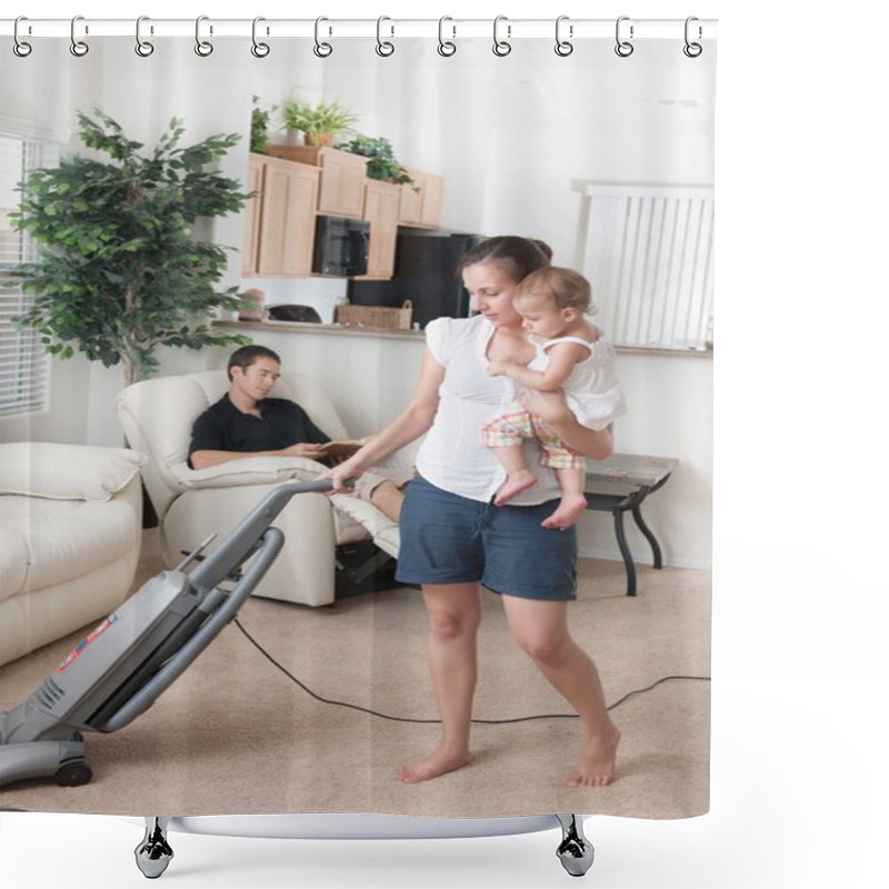 Personality  Mother Trying To Vacuum While The Father Sits Around Shower Curtains