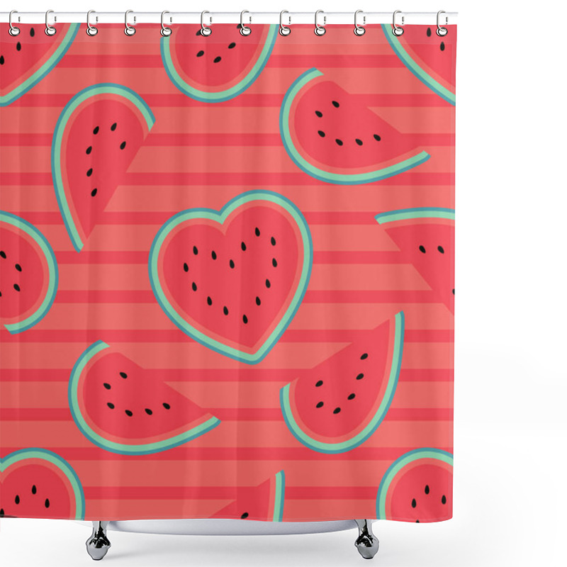 Personality  Valentine's Day Watermelon Hearts Seamless Pattern On Red Striped Background. Flat Cartoon Style. Vector Illustration Shower Curtains