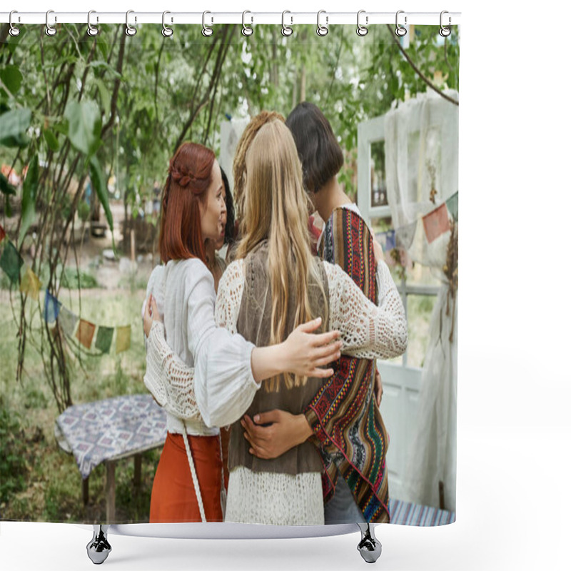 Personality  Smiling Multiethnic Women In Boho Clothes Hugging While Standing Outdoors In Retreat Center Shower Curtains