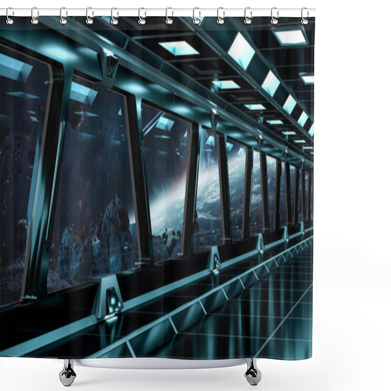 Personality  Spaceship Corridor With View On Distant Planets System 3D Render Shower Curtains