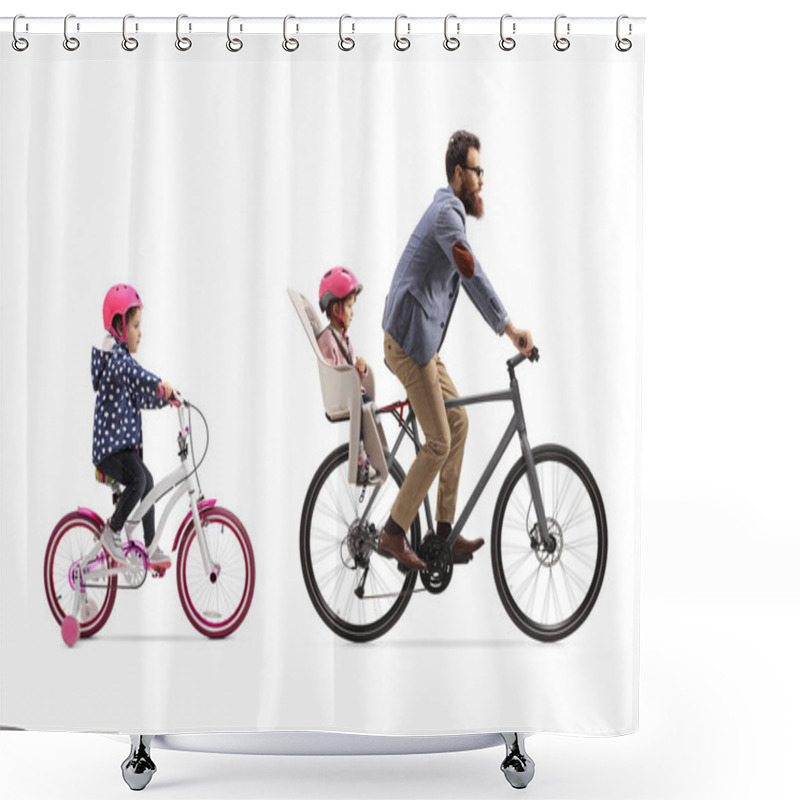 Personality  Father Riding A Bicycle With A Child Seat And A Little Girl Ridi Shower Curtains