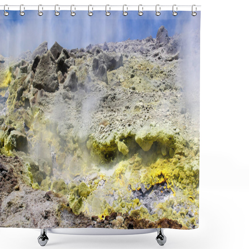 Personality  Steam Of A Volcanic Spring With Yellow Sulphur At Vulcano, An Aeolian Island In Sicily, Italy Shower Curtains