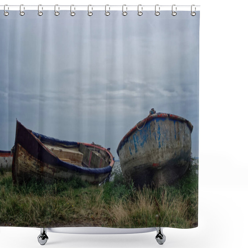 Personality  Abandoned Wooden Boats At A Bay Shore Before Thunderstorm Shower Curtains