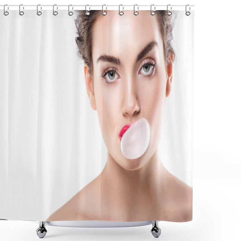 Personality  Attractive Girl With Bubble Of Chewing Gum, Isolated On White Shower Curtains