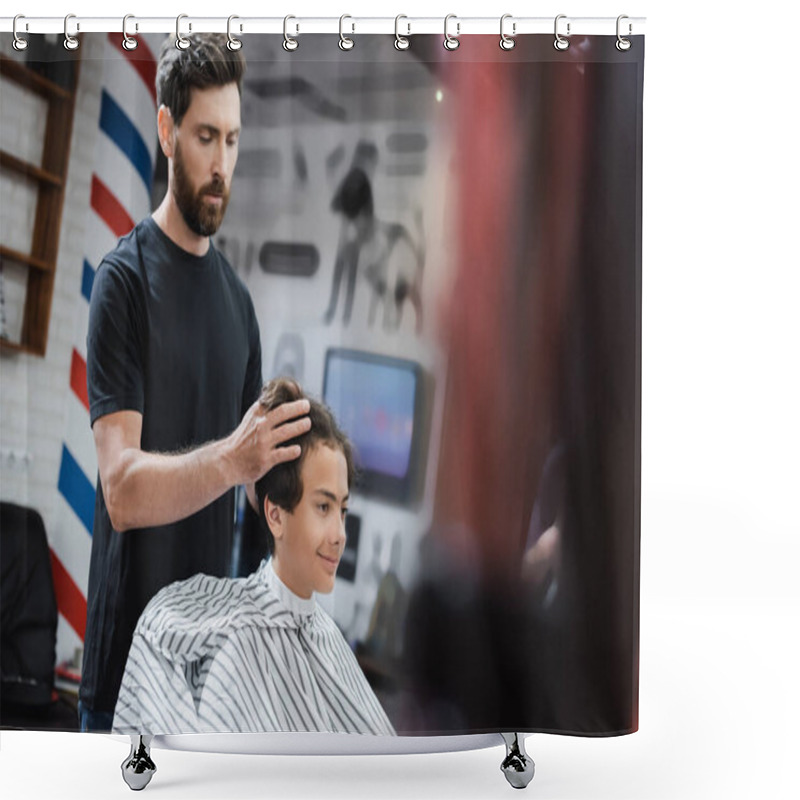 Personality  Bearded Hairstylist Styling Hair Of Smiling Teenage Boy In Beauty Salon  Shower Curtains