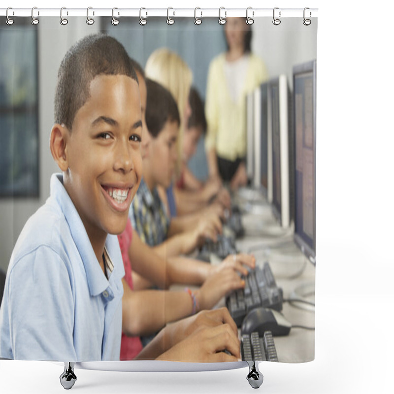 Personality  Elementary Students Working At Computers In Classroom Shower Curtains