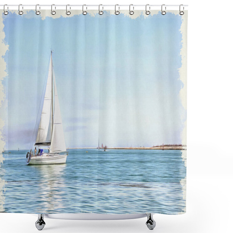 Personality  Oil Paint On Canvas. Picture With Photo, Imitation Of Painting. Yacht With White Sail In The Adriatic Sea. Illustration Shower Curtains