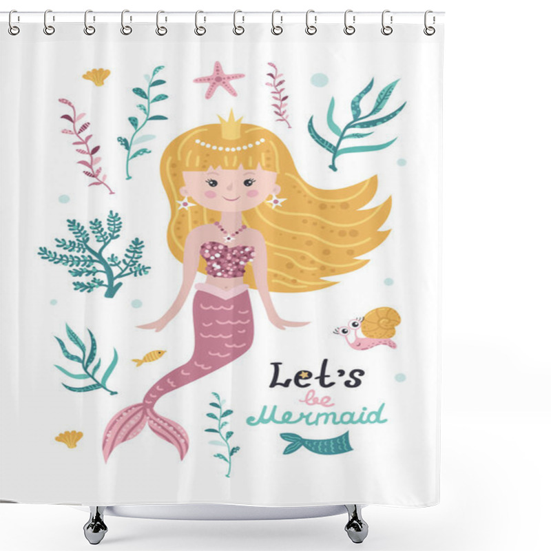 Personality  Childish Poster With Mermaid, Starfish, Seaweed And Coral Shower Curtains