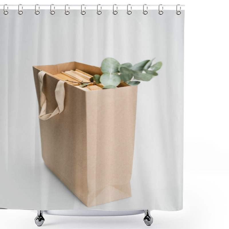 Personality  Shopping Bag With Books And Dried Plant With Green Leaves On Grey Background Shower Curtains