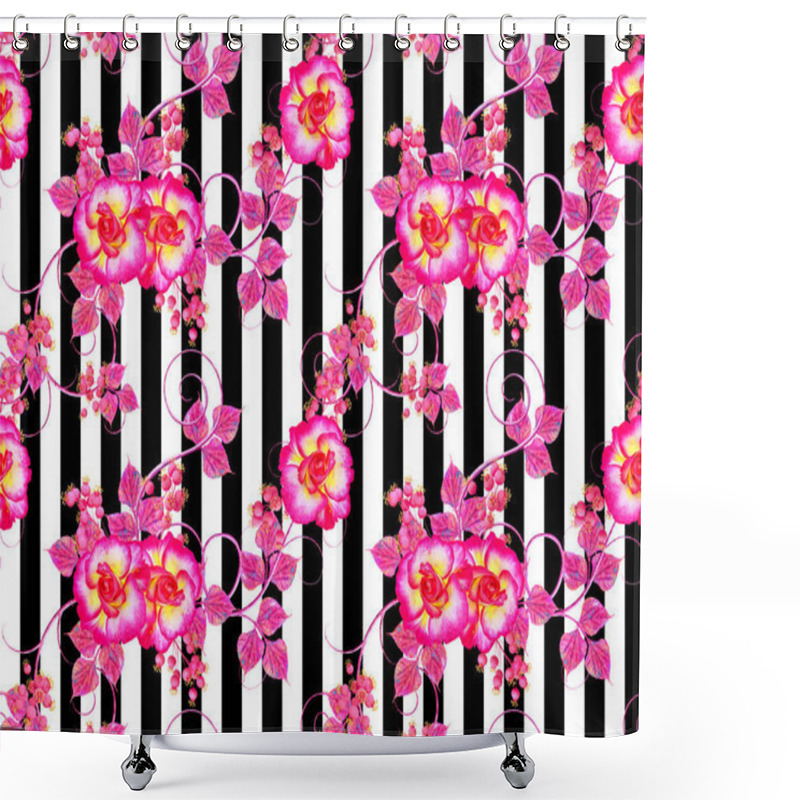 Personality  Violet, Pink Flowers With A Paisley Element, Delicate Curls, Bright Leaves, Inflorescences Of Berries. Floral Seamless Pattern. Black And White Vertical Stripes. Shower Curtains