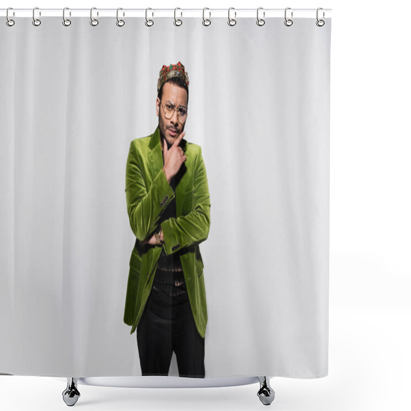 Personality  Pensive Eastern Hip Hop Performer In Green Velvet Blazer And Crown Isolated On Grey Shower Curtains